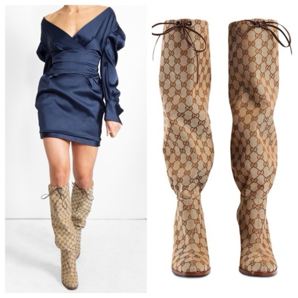 New GUCCI Lisa boots GG monogram beige CANVAS KNEE-HIGH Lisa heeled boots - Picture 2 of 10